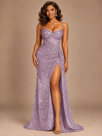 Burgundy Sequin Corset Prom Dress with High Slit