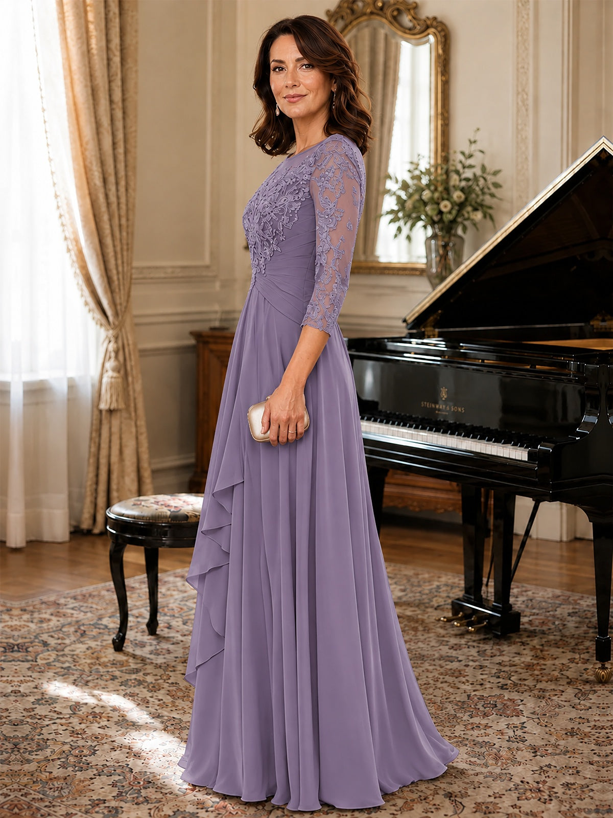 A-Line Chiffon Mother of the Bride Dress with Floral Applique 3/4 Sleeves