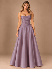 Blush Pink Strapless Satin A-Line Prom Dress with Ruched Bodice