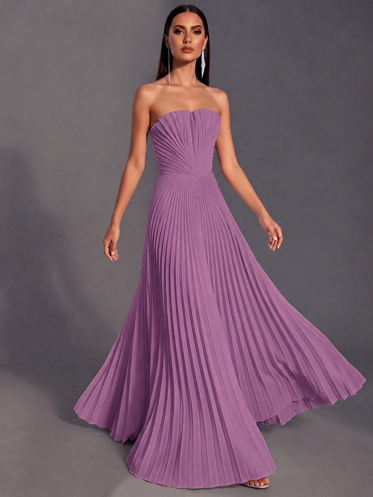 Strapless A-line Long Pleated Satin Prom Dress