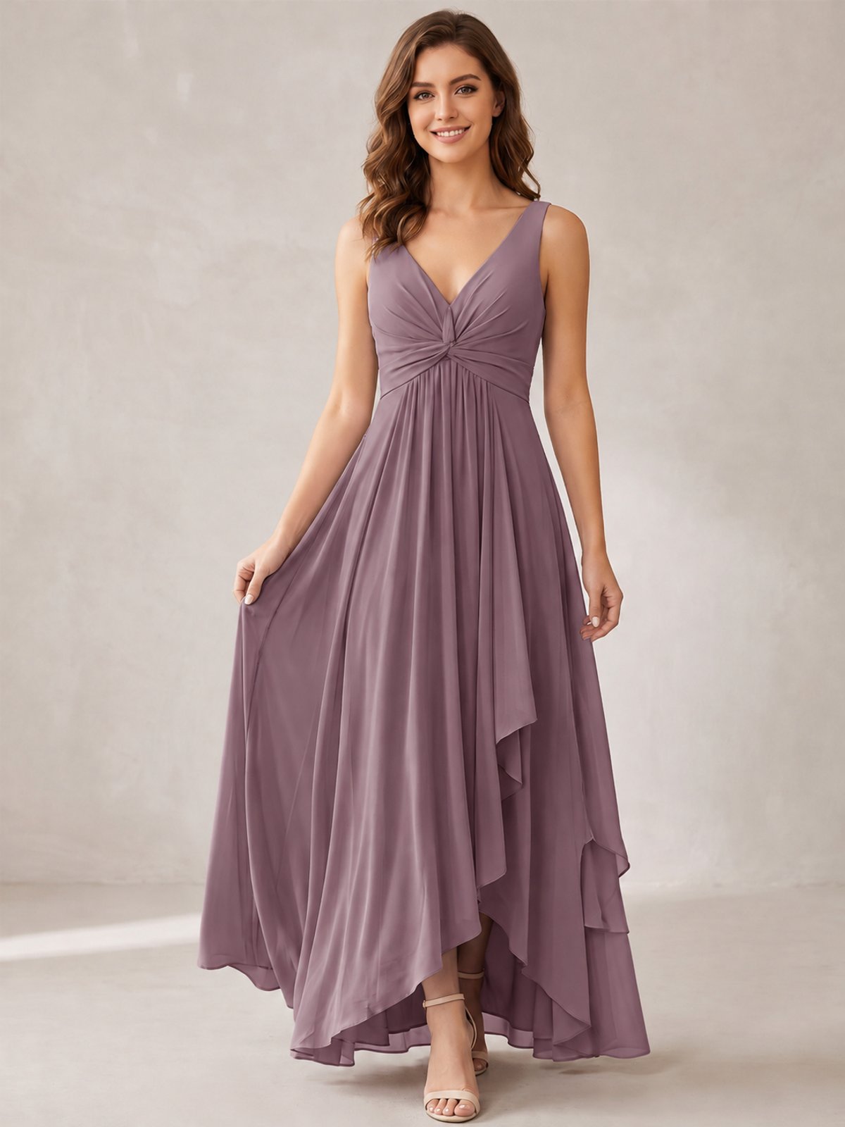 V-Neck High-Low Chiffon Bridesmaid Dress with Ruffles