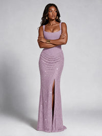 Sequin Corset Mermaid Prom Dress with Square Neck Wide Strap High Slit
