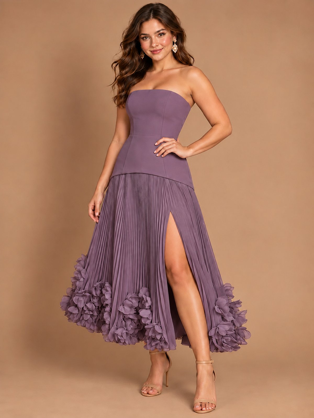 Navy Blue Strapless Pleated A-Line Midi Dress with 3D Floral Applique