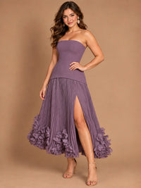 Navy Blue Strapless Pleated A-Line Midi Dress with 3D Floral Applique