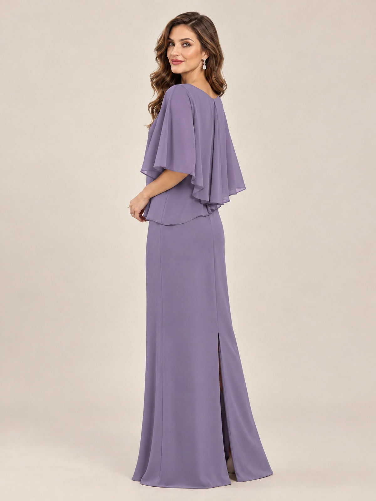 Cape Sleeve Mother of the Bride Dress with Asymmetrical Overlay