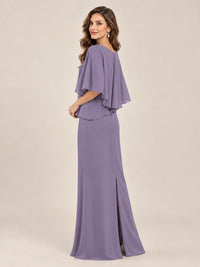 Cape Sleeve Mother of the Bride Dress with Asymmetrical Overlay