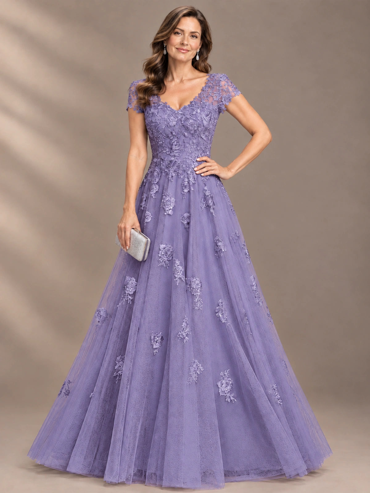 Lace Appliques A-line Mother of The Bride Dresses with Short Sleeves