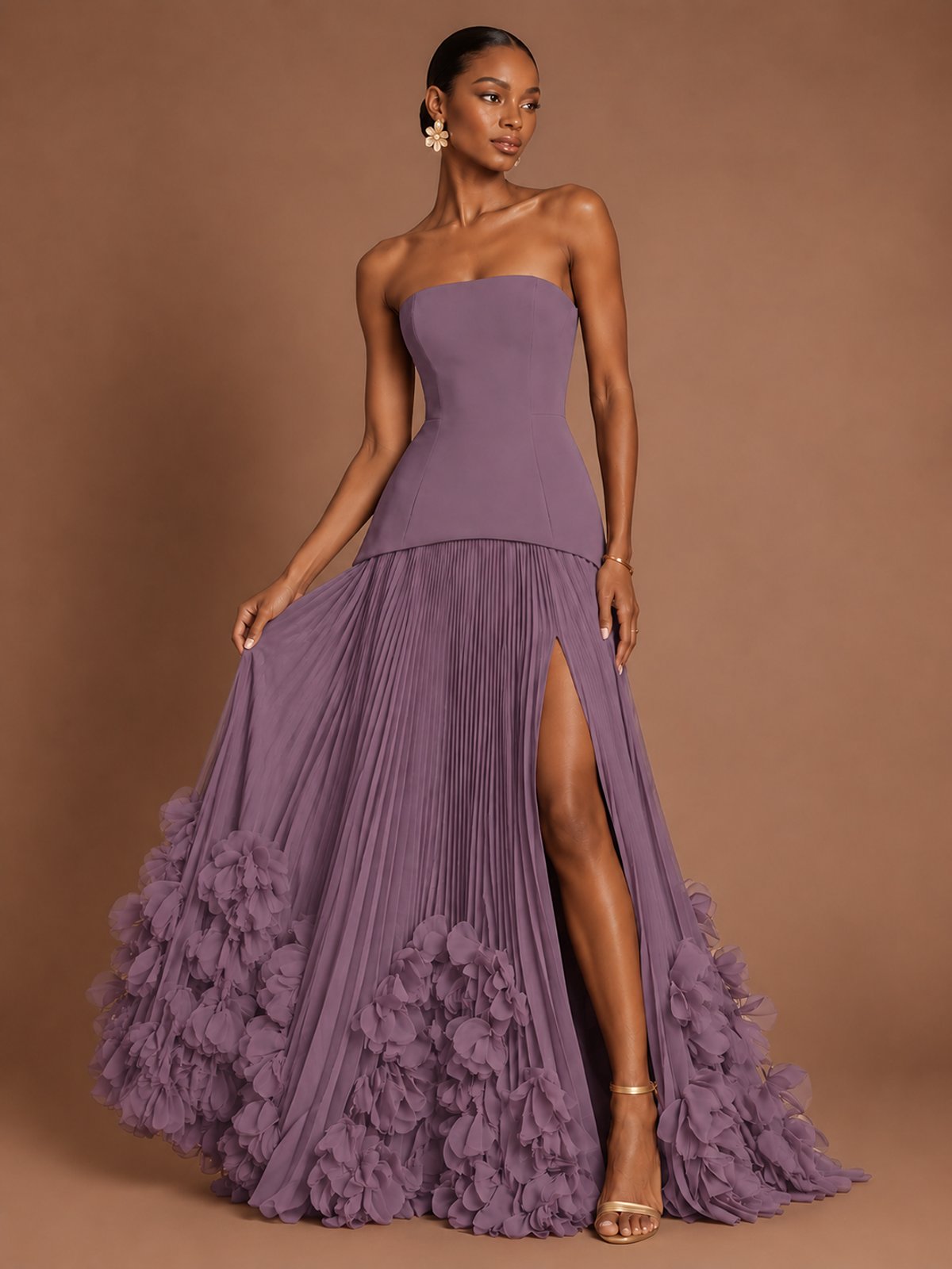 Strapless Pleated Floral Satin Formal Dress with Side Slit