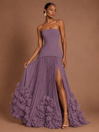 Strapless Pleated Floral Satin Formal Dress with Side Slit