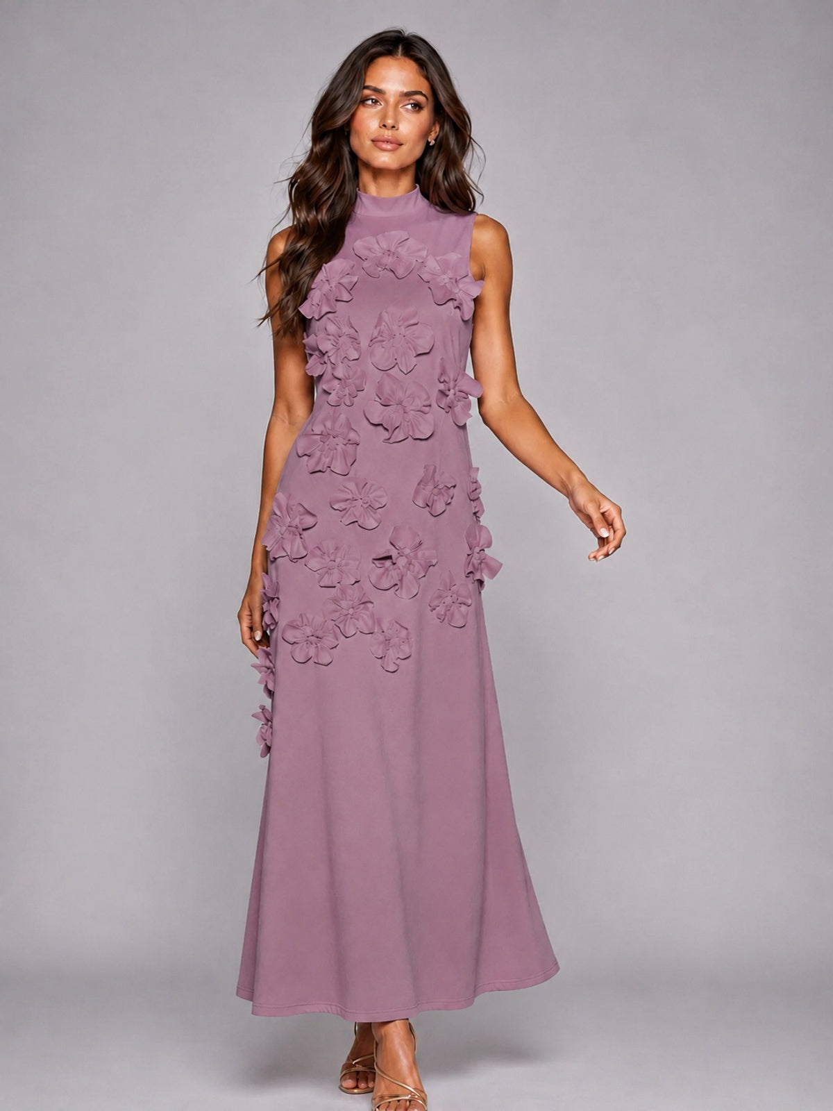 3D Floral Applique High Neck Prom Maxi Dress
