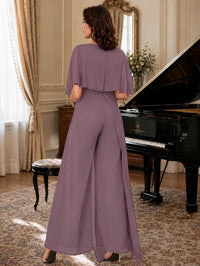 Chiffon Mother of the Bride Jumpsuit with Layered Cape Sleeves