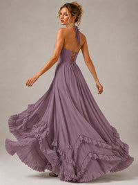 Halter V Neck Chiffon Formal Dress with Lace-Up Back and Ruffle Hem