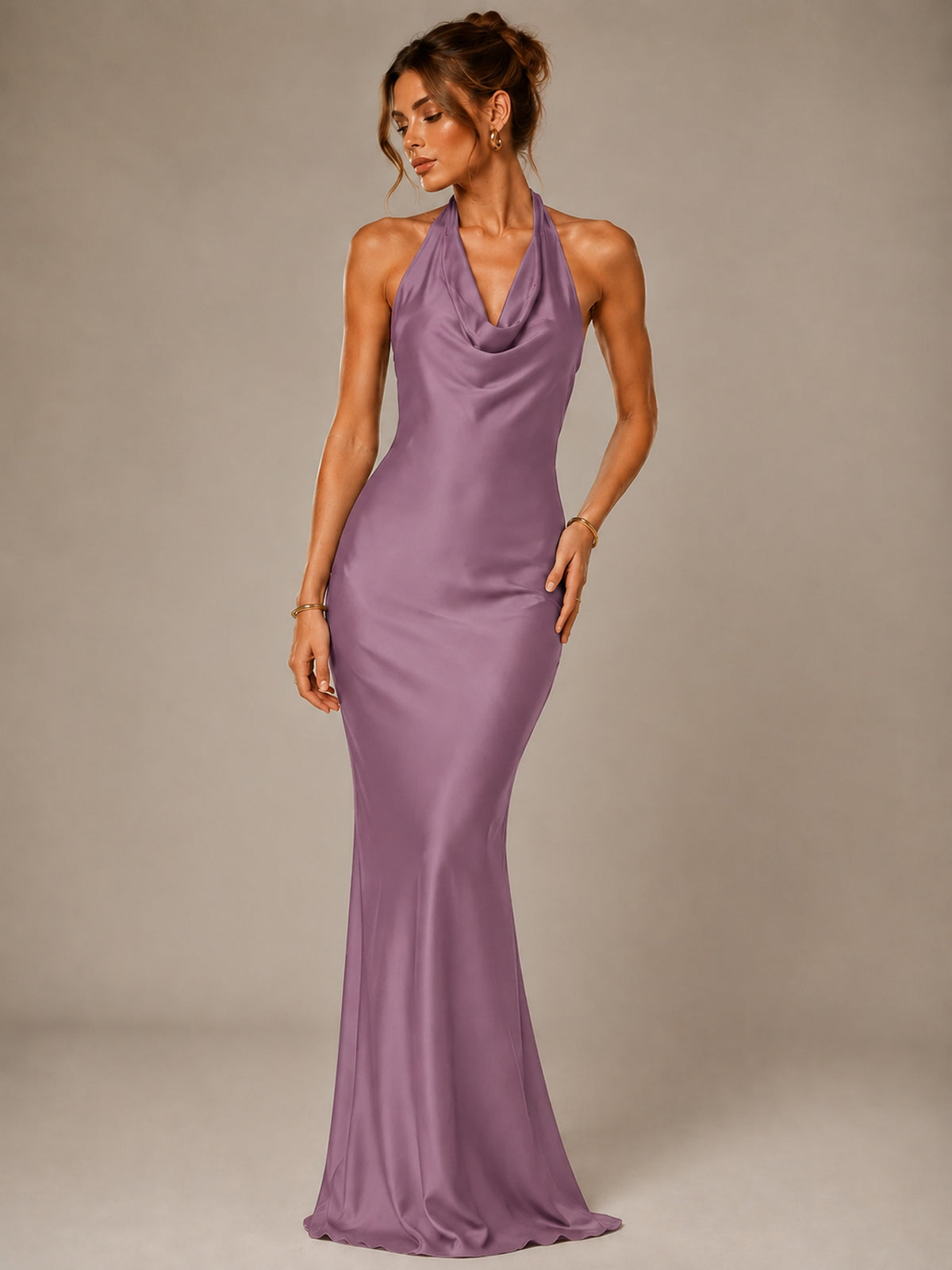 Olive Green Halter Satin Mermaid Maxi Dress