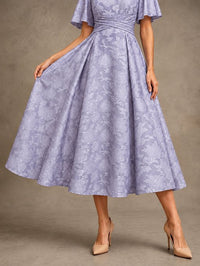 V-Neck Floral Jacquard Tea-Length Mother of the Bride Dress