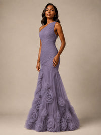 Blush Pink One Shoulder 3D Floral Mermaid Prom Dress