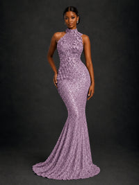 Sparkly Sequin High Neck Mermaid Prom Dress