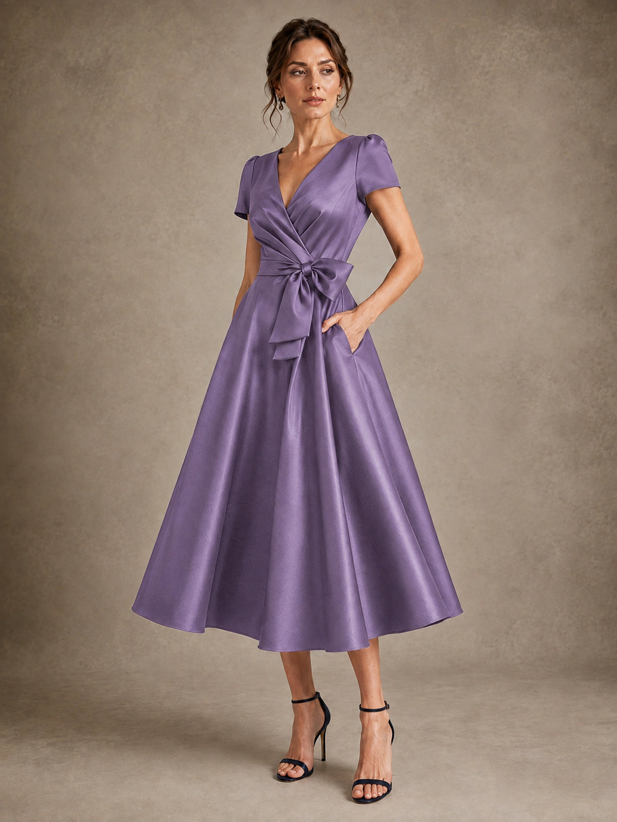 V-Neck Tea-Length Satin Mother of the Bride Dress with Bow