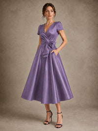V-Neck Tea-Length Satin Mother of the Bride Dress with Bow