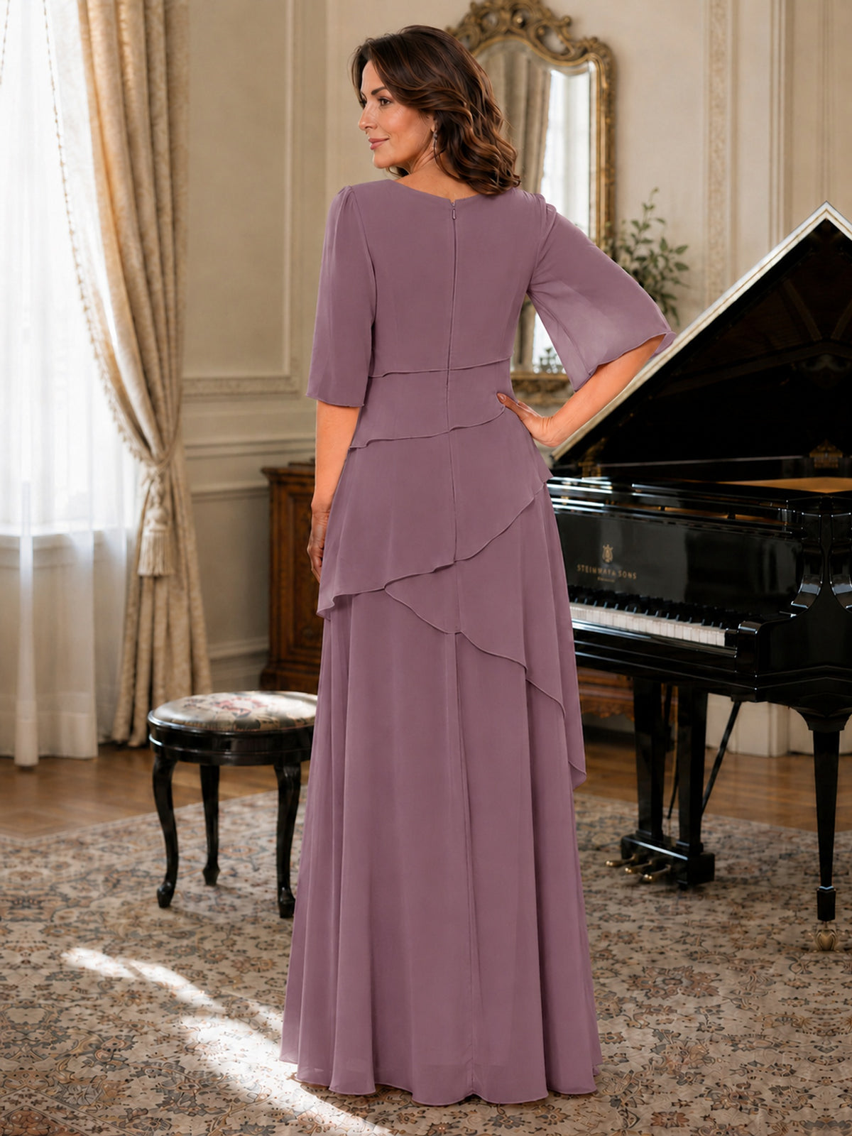 Asymmetric Draped Chiffon Mother of the Bride Dress with Flutter Sleeves