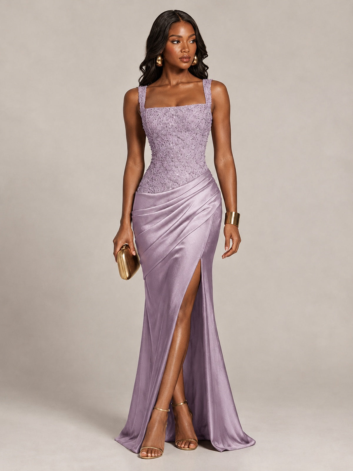 Scoop Neck Sequin Prom Dress with High Slit Satin Formal Gowns