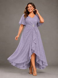 Jacquard Chiffon A-Line V-Neck High-Low Mother of the Bride Dress
