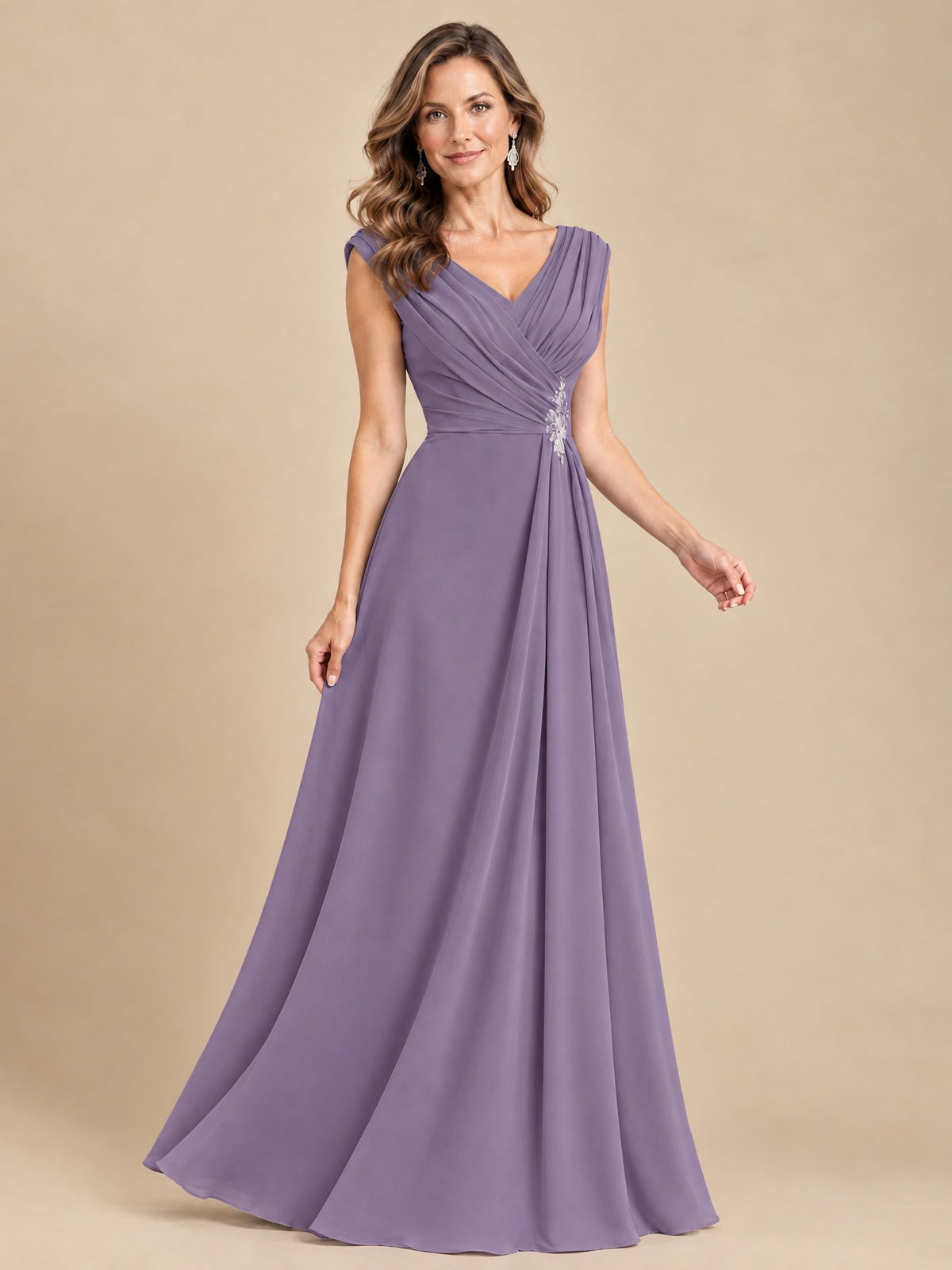 V Neck Pleated Mother of The Bride Dresses with Beading Cap Sleeves