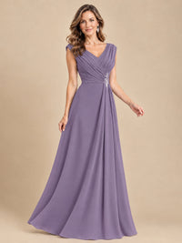 V Neck Pleated Mother of The Bride Dresses with Beading Cap Sleeves