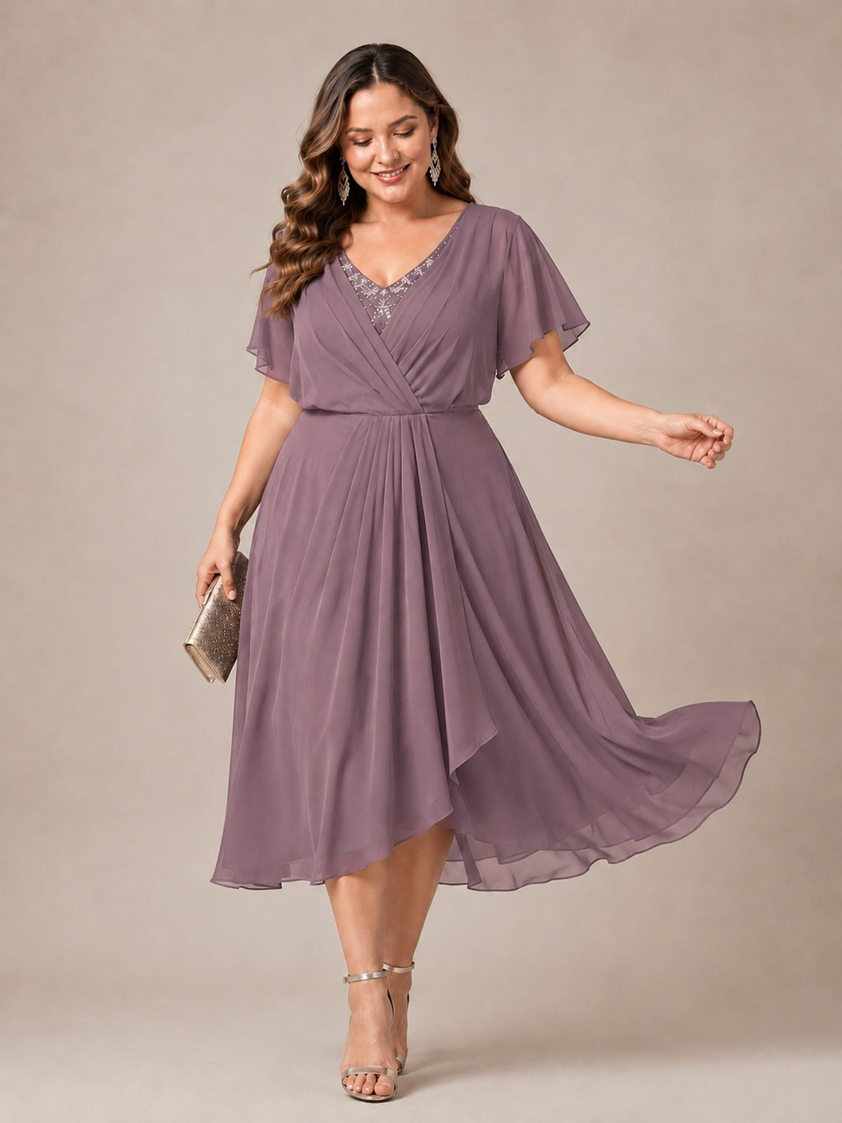 Navy Blue A-Line V-Neck Tea-Length Mother of the Bride Dress