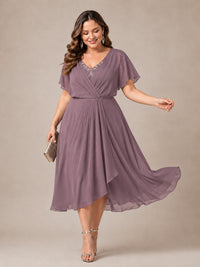 Navy Blue A-Line V-Neck Tea-Length Mother of the Bride Dress