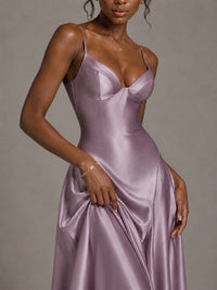 Lavender V Neck Satin Prom Dress with Spaghetti Straps