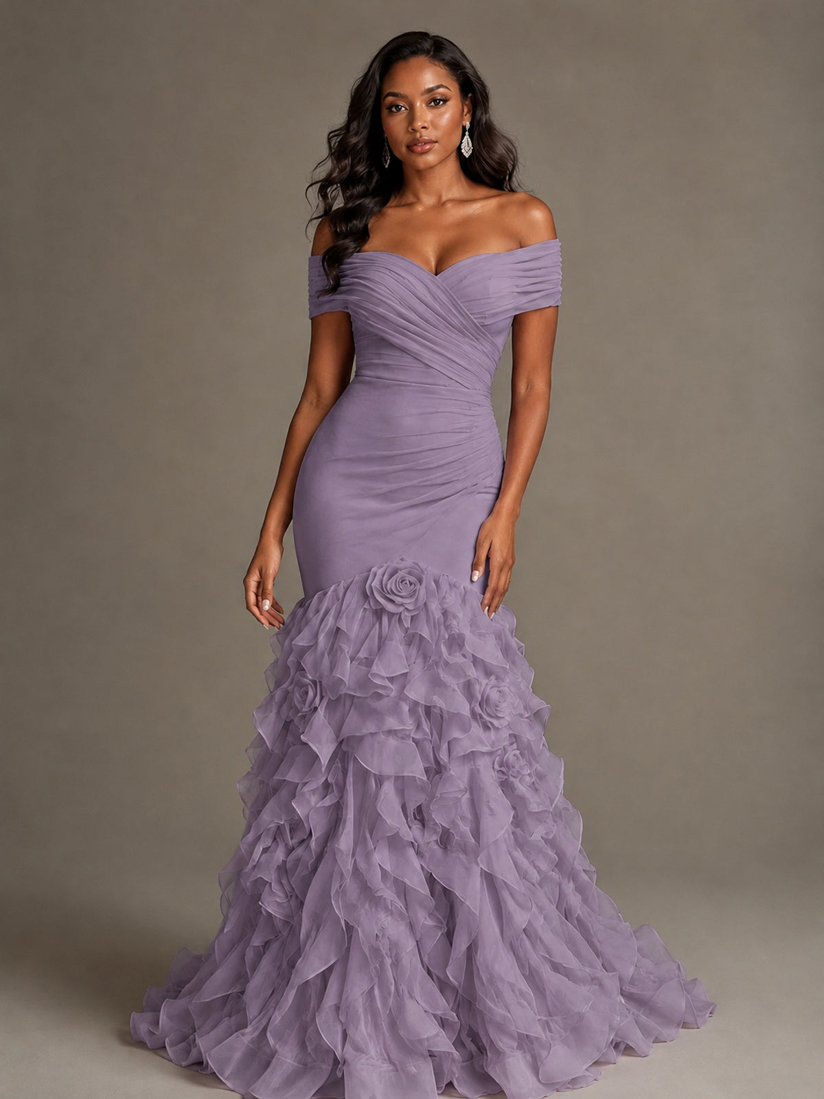 Pink Off-the-Shoulder Mermaid Prom Dress with Ruffles 3D Flowers