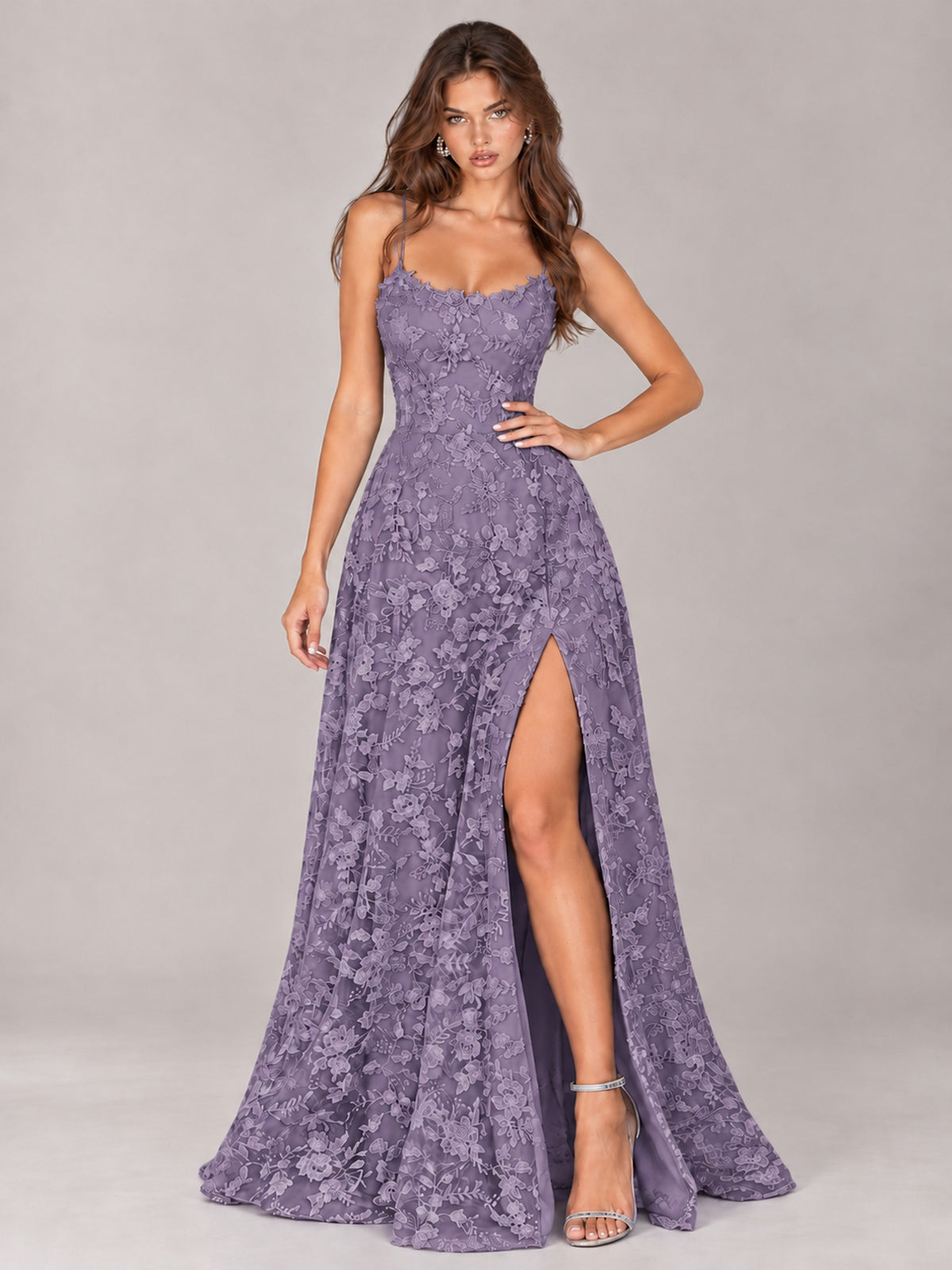 Floral Lace A-Line Prom Dress with Spaghetti Straps & High Slit