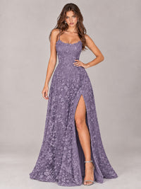 Floral Lace A-Line Prom Dress with Spaghetti Straps & High Slit