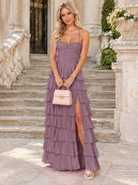 Ruffled Tiered Chiffon Prom Dress Spaghetti Straps Formal Maxi Dress with Slit