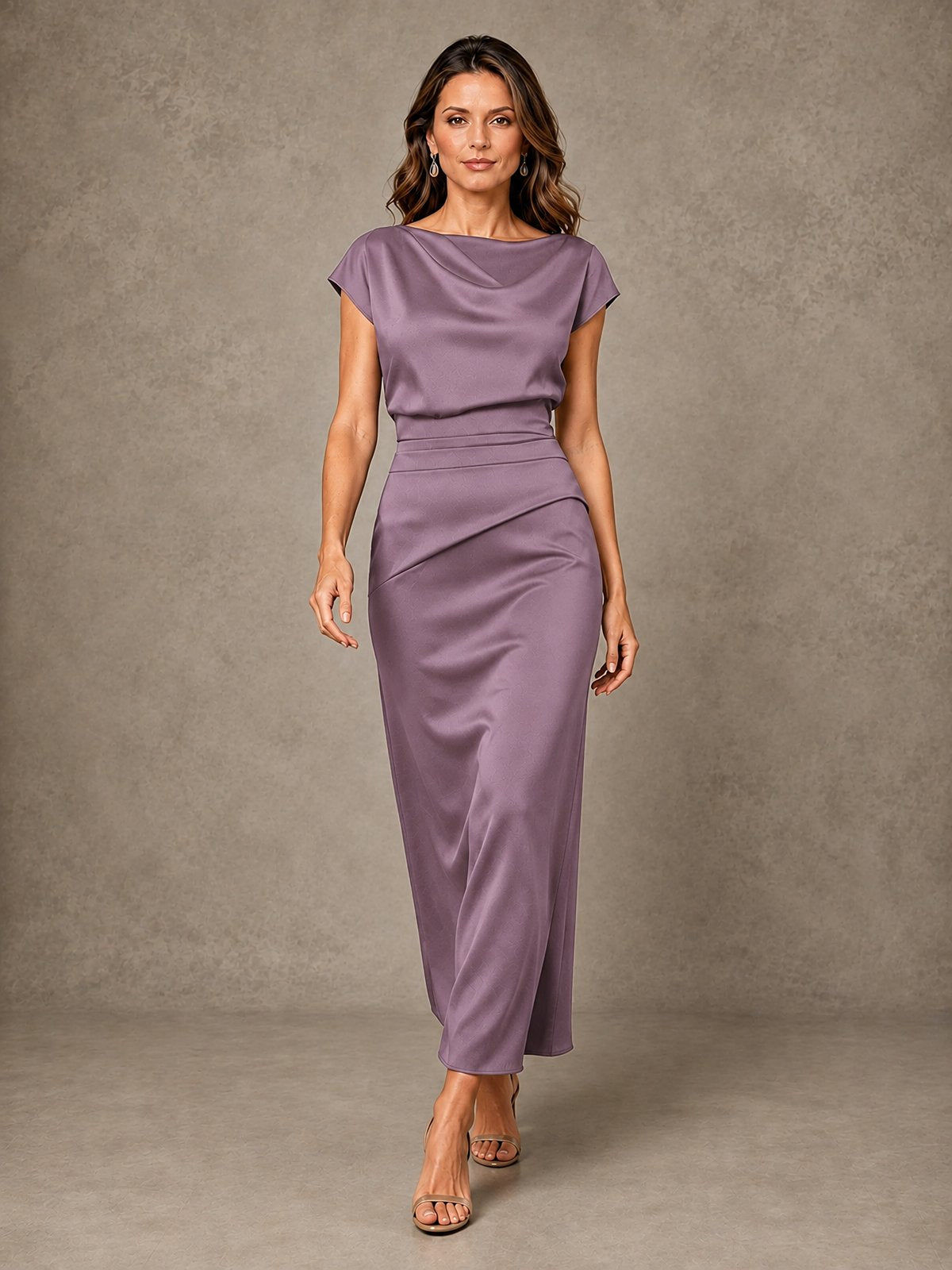 Cowl Neck Satin Mother of the Bride Dress with Ruched Waist