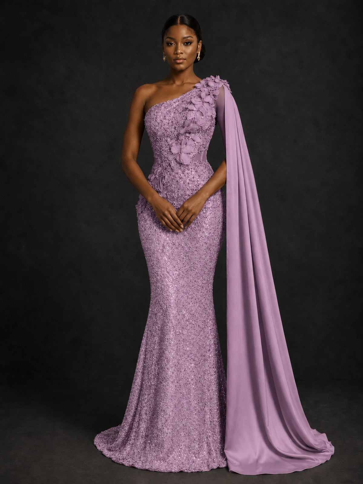 Gold Sequin One Shoulder Mermaid Prom Dress with Cape