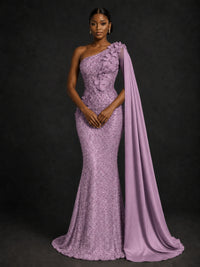 Gold Sequin One Shoulder Mermaid Prom Dress with Cape
