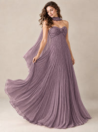 Sweetheart Neckline Pleated Prom Dress Strapless A-line Formal Dress with Flowy Scarf