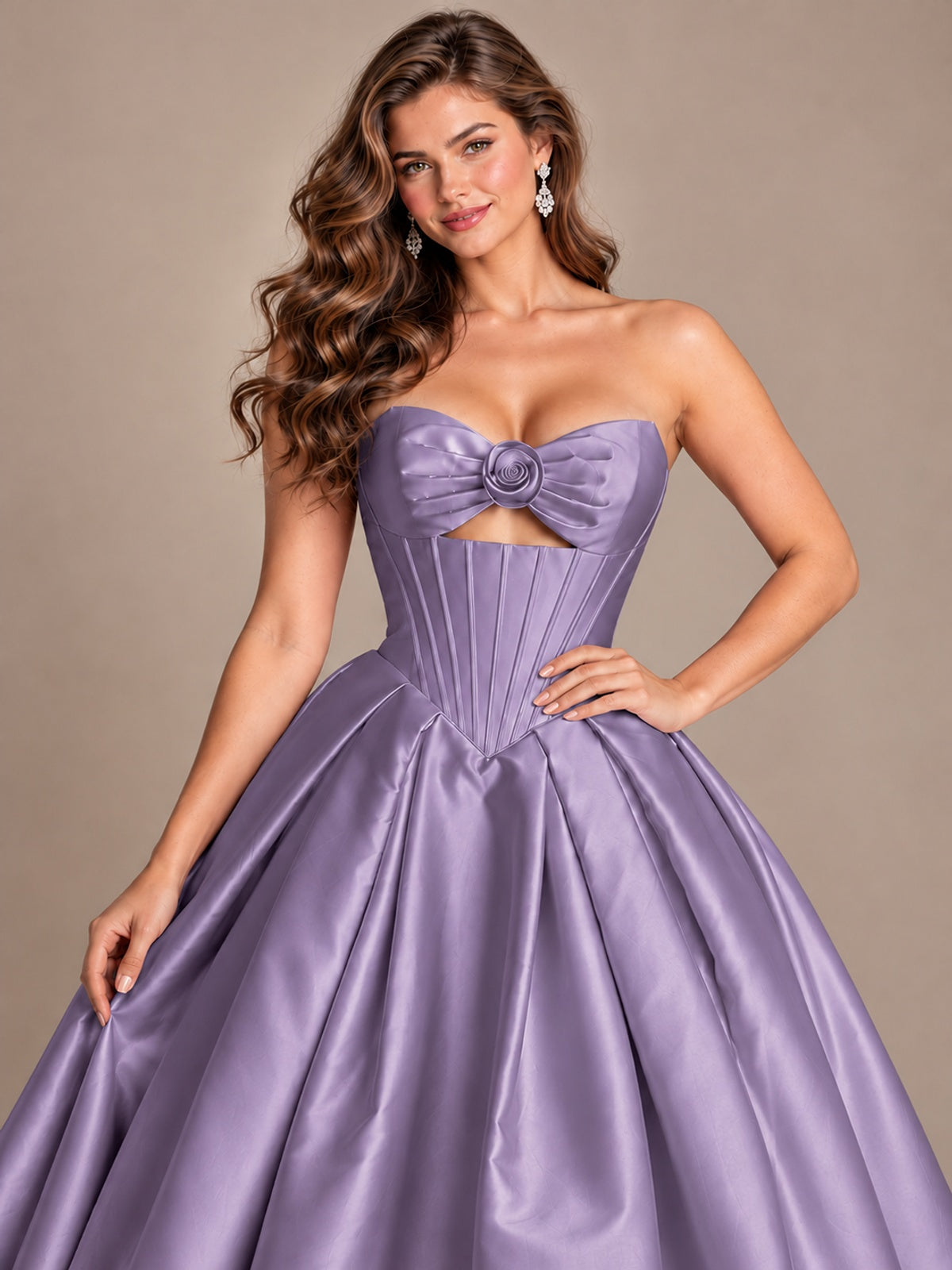 Pink Strapless Corset Satin Prom Derss & Ball Gown with 3D Floral