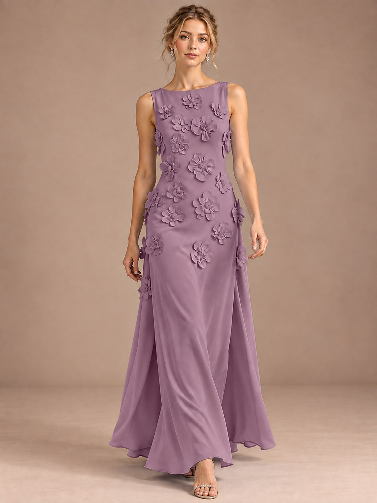 3D Floral Applique Sleeveless Formal Maxi Dress
