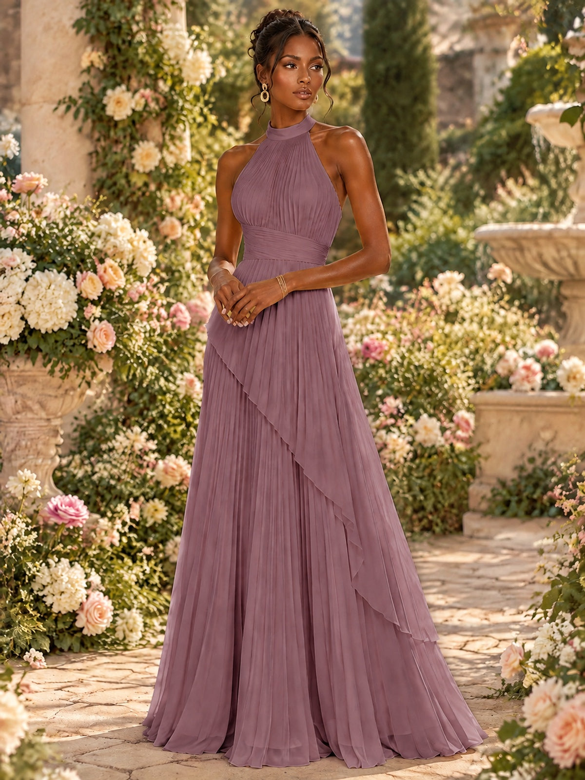 Wrap Pleated Prom Dress Halter A-line Chiffon Formal Wedding Dress