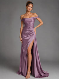 Off Shoulder Satin Maxi Dress with Slit