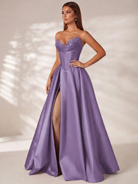 Strapless Corset Satin Prom Dress Long Evening Gown with High Slit