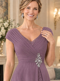 Pleated Chiffon Lace Mother of The Bride Dresses with Beading Cap Sleeves