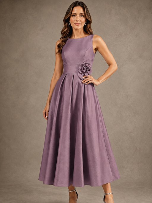 Tea-Length Satin Mother of the Bride Dress with 3D Flower Detail
