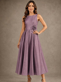 Tea-Length Satin Mother of the Bride Dress with 3D Flower Detail