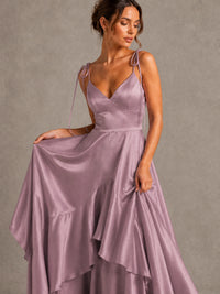 Lavender Satin V-Neck Ruffle Maxi Dress