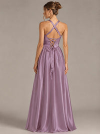 Light Yellow Halter Neck Satin A-Line Maxi Dress with Pockets