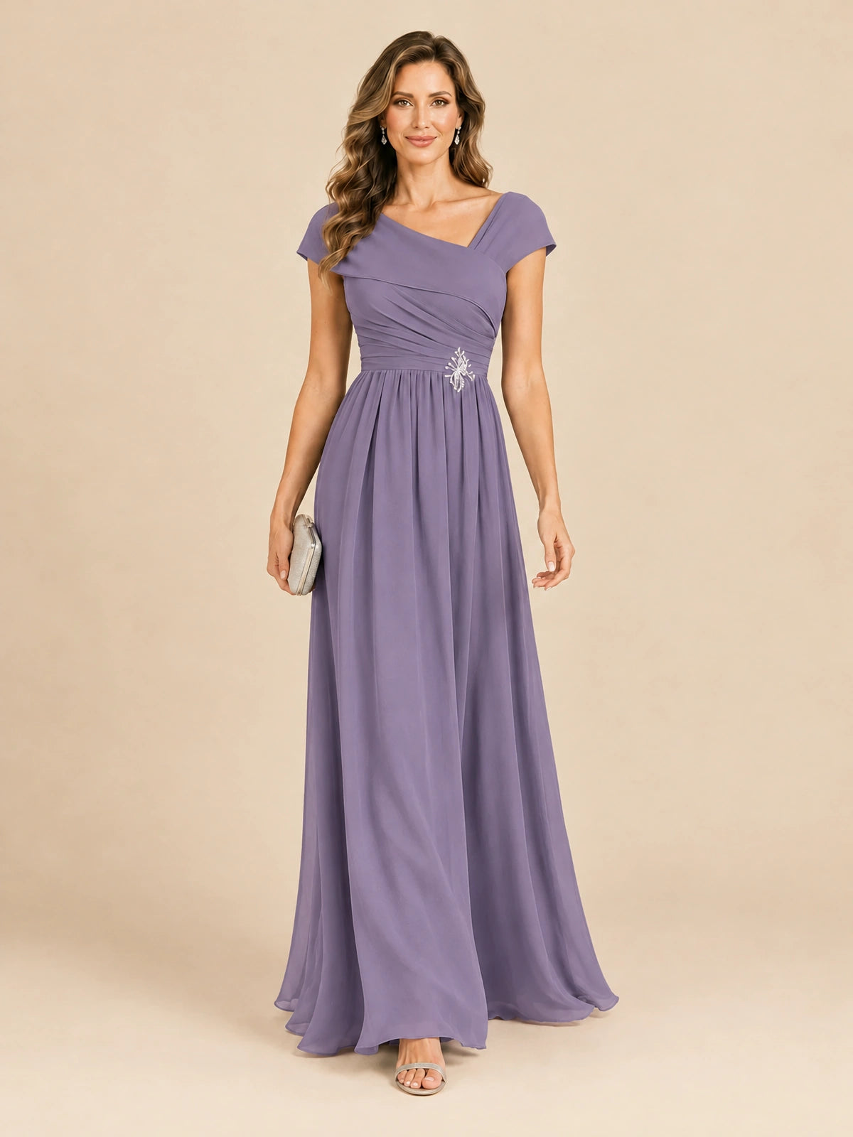 Cap Sleeve Mother of The Bride Dresses Long Chiffon Formal Gowns