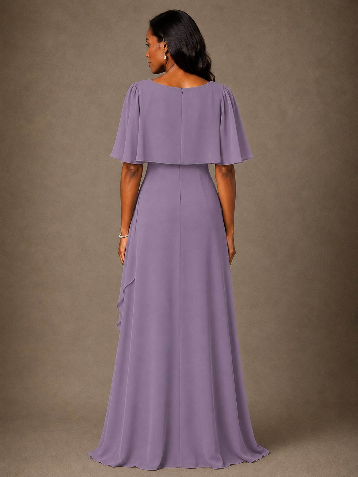 Taupe Chiffon A-Line Mother of the Bride Dress with Cape Sleeves